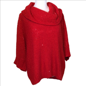 Chico's Size 3 Large Holiday Red Glitter Turtleneck 3/4 Sleeves Sweater